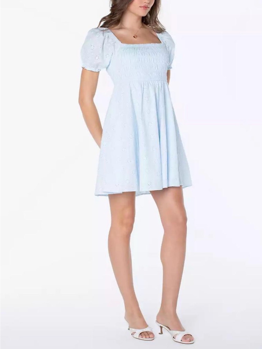 Celebrity Pink Cotton Puff Sleeve Eyelet Babydoll Dress